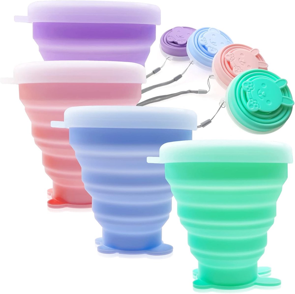 Pack of 4 Foldable Silicone Drinking Cups Portable Retractable Foldable Drinking Cups with Lid for Camping Picnic - ShopVlot