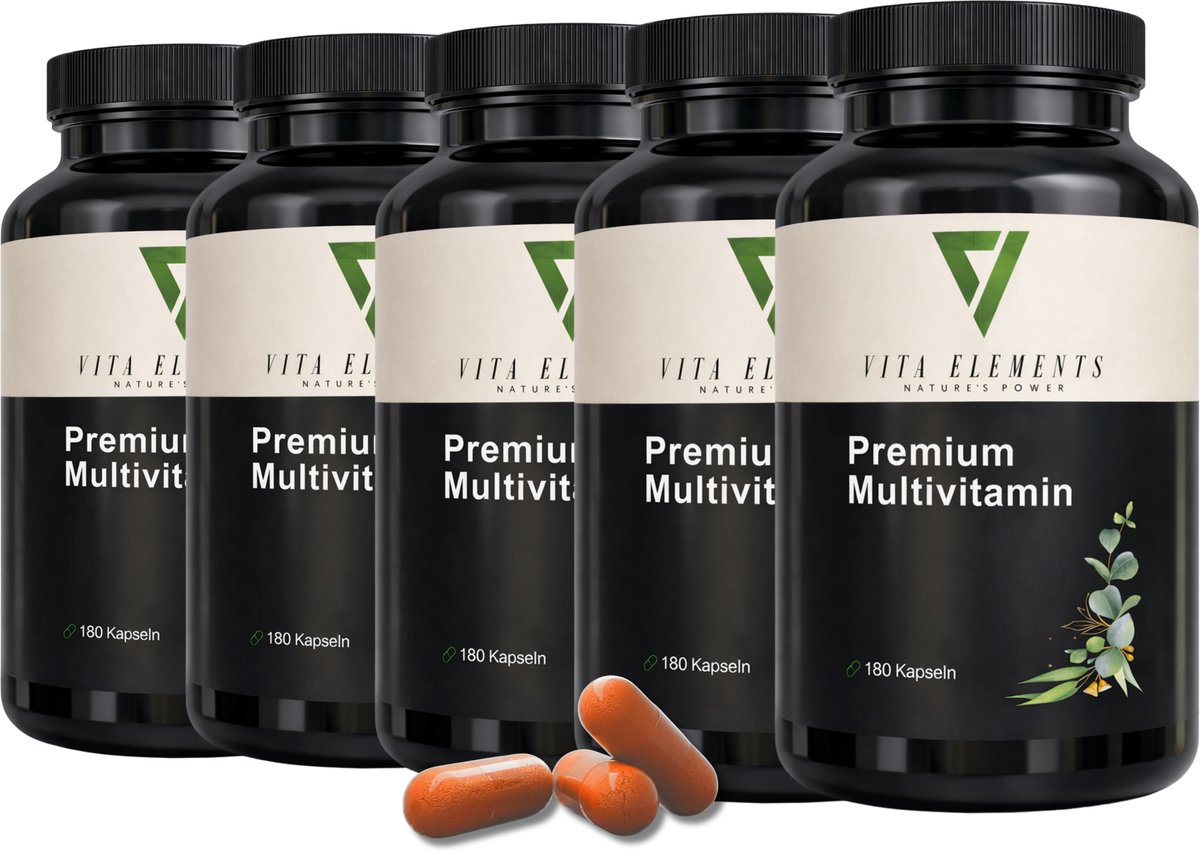 Vita Elements Premium Multivitamine Capsules - Vitamine A tot K2 met CoQ10, Zink en Selenium - Veganistisch - Suikervrij - 180 Capsules - Vol Spectrum - Set van 5