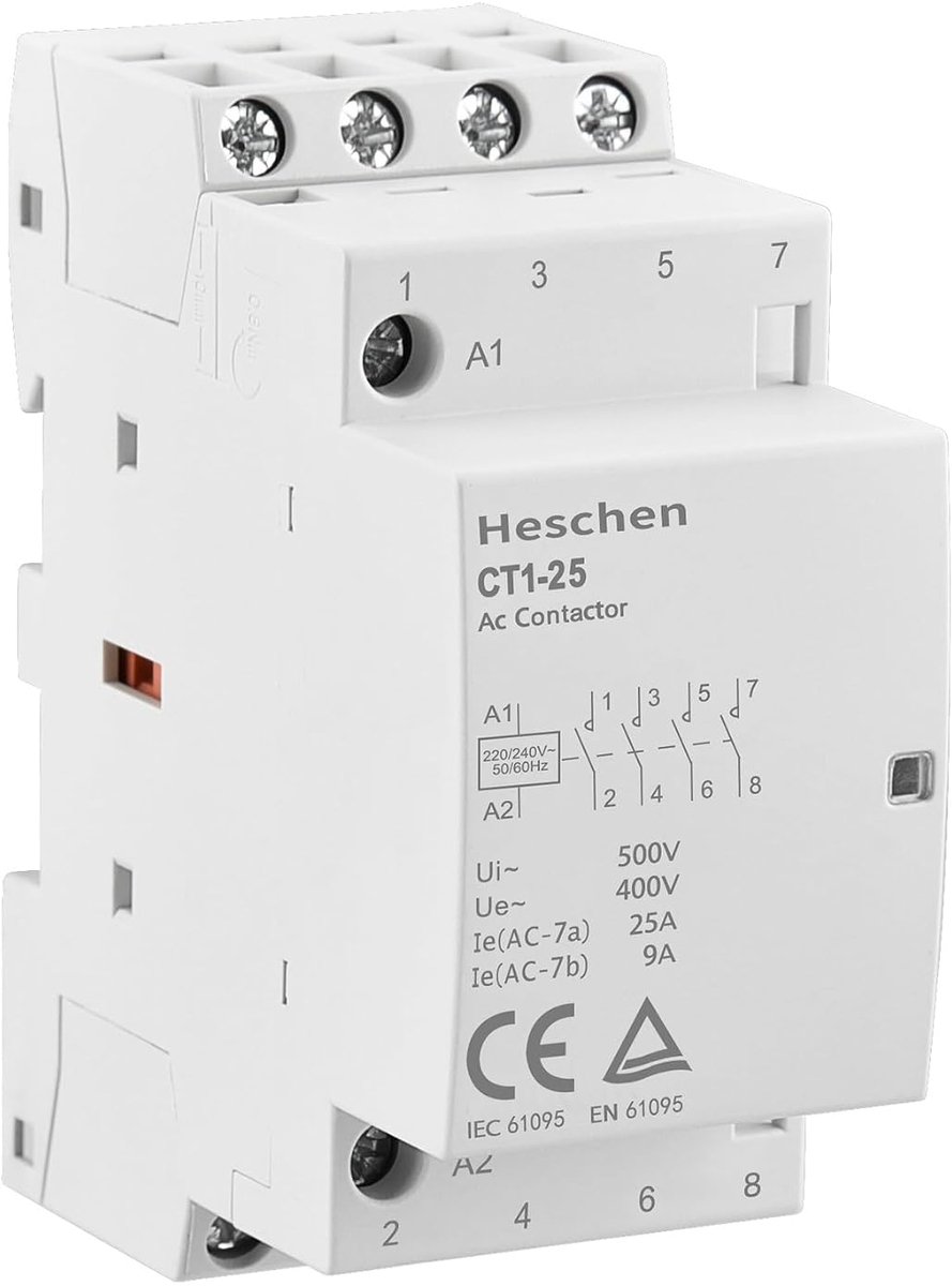 SnelShoppen - Huishoudelijke AC Magnetische Schakelaar, 4-Pool, 25 Amp, 220V/240V, DIN Rail Bevestiging, Compact en Betrouwbaar