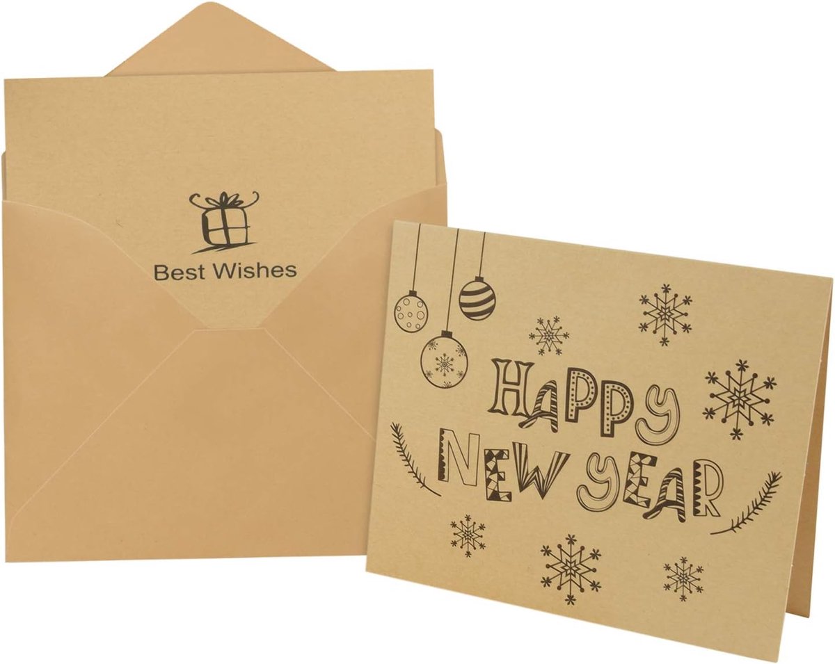 SnelShoppen - 36 Gelukkige Nieuwjaar Wenskaarten met 36 Enveloppen en 36 Stickers - Kraft Papier - Perfect voor Feestdagen