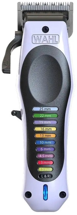 Wahl tondeuse met witte behuizing, grijze grip en gekleurde lengte-instellingen van 1,5 mm tot 25 mm.