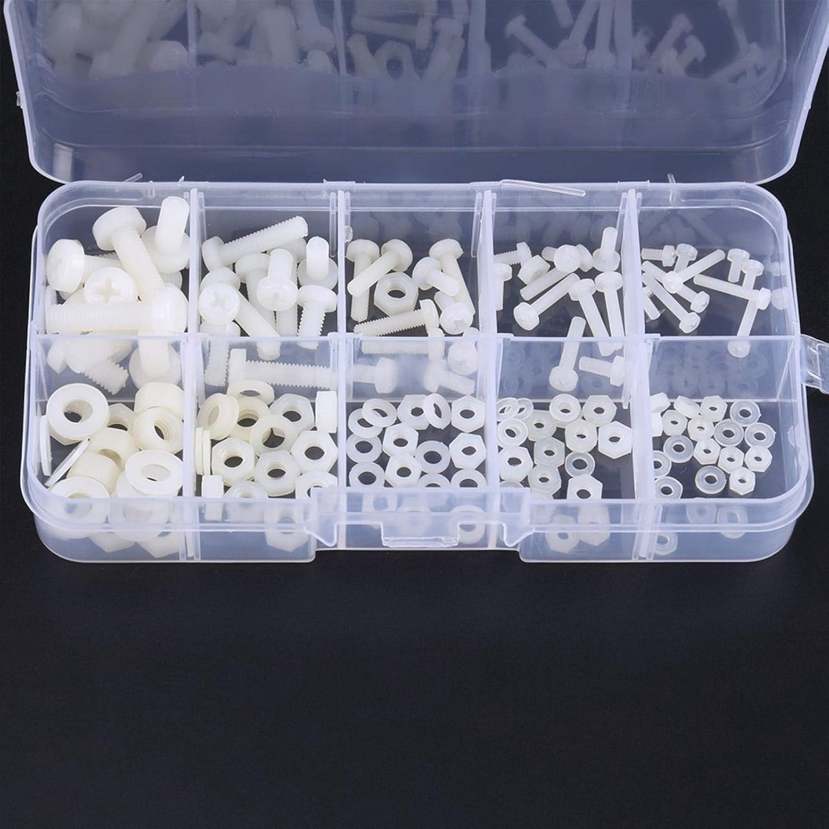 SnelShoppen - 150-delige schroeven, moeren, en ringen set met polyamide ringen in box M2 M2.5 M3 M4 M5 - Duurzaam en milieuvriendelijk voor hobby en k