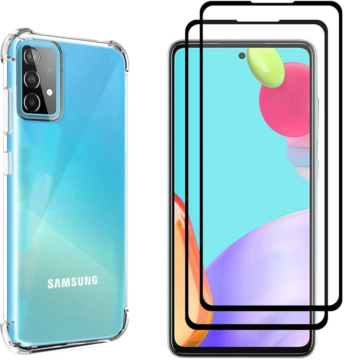 Hoesje geschikt voor Samsung Galaxy A52 4G / A52 5G / A52s 5G backcover Shockproof siliconen Transparant en 2 stuks Screenprotector Gehard Glas Zwart