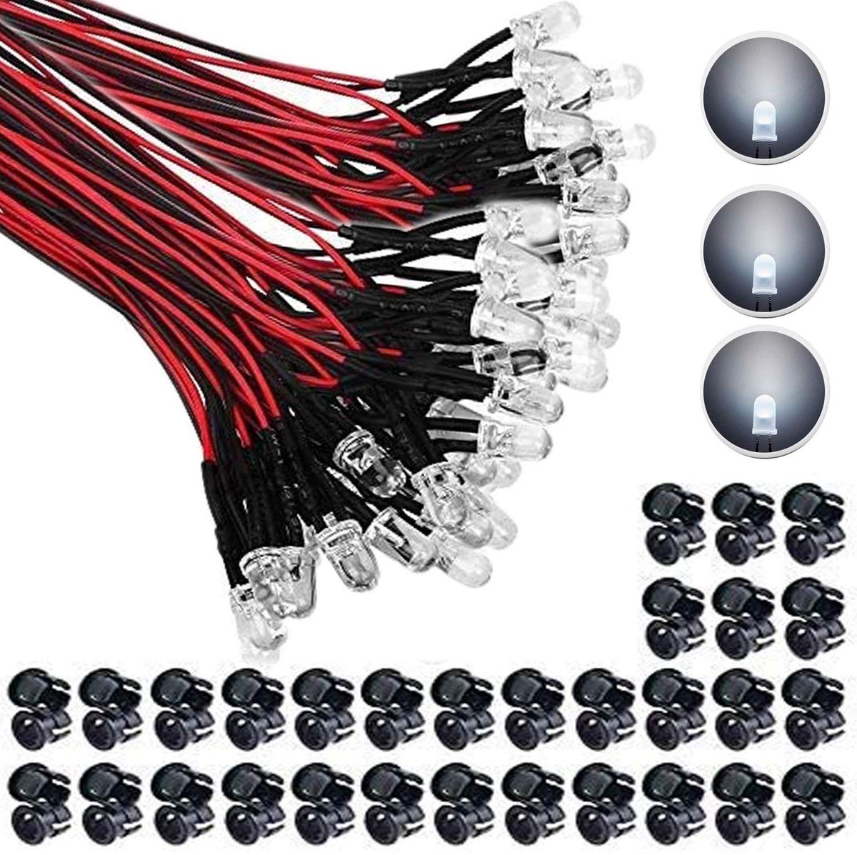 SnelShoppen - 65 Stuks Witte DC 12V Voorbedrade LED Lampjes, 5 mm LED's met 20 cm Kabel, Voorbedrade LED Diodes, 12V Wit + 65 Stuks 5 mm Plastic LED M