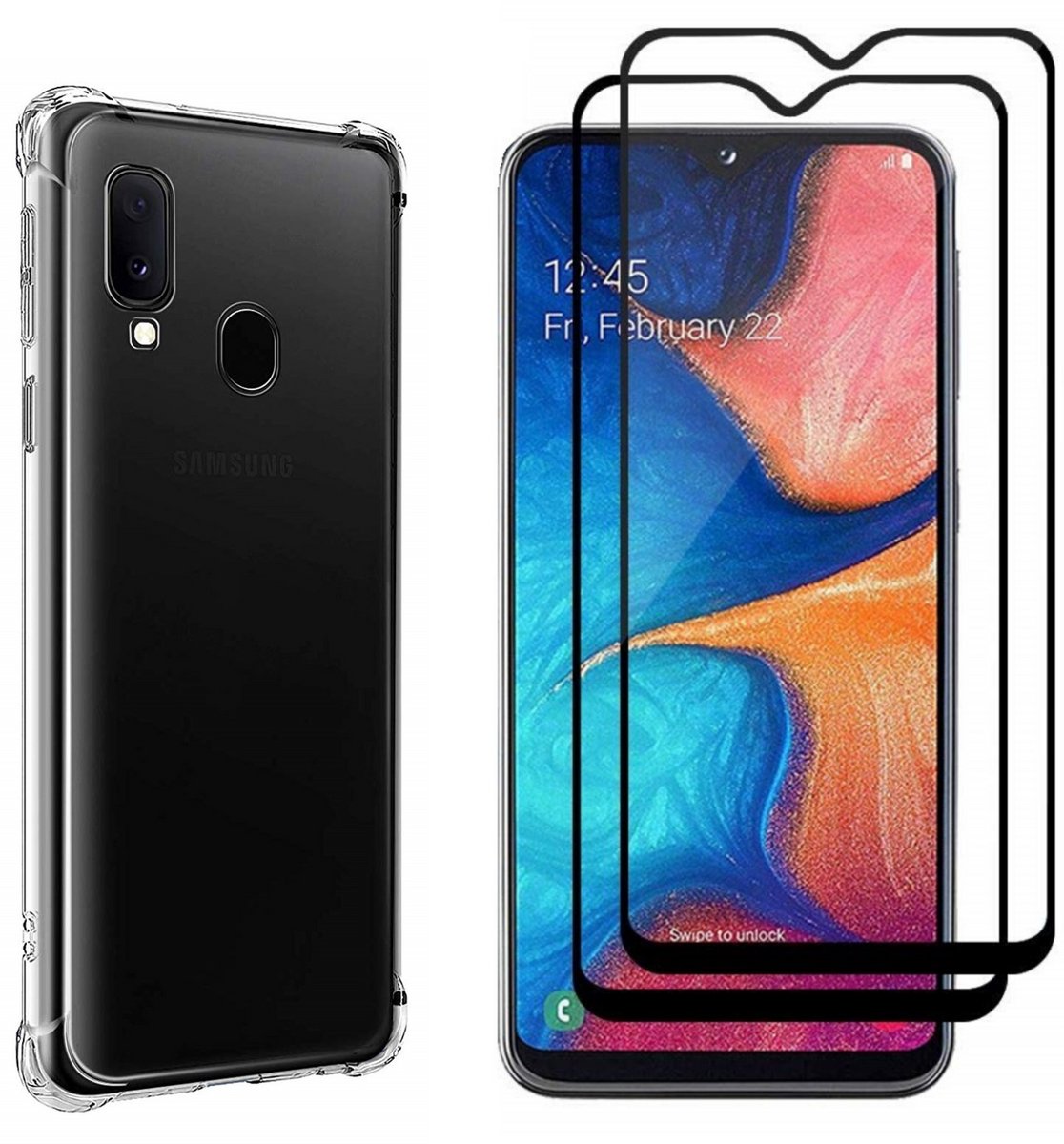 Hoesje geschikt voor Samsung Galaxy A20E backcover Shockproof siliconen Transparant en 2 stuks Screenprotector Gehard Glas Zwart