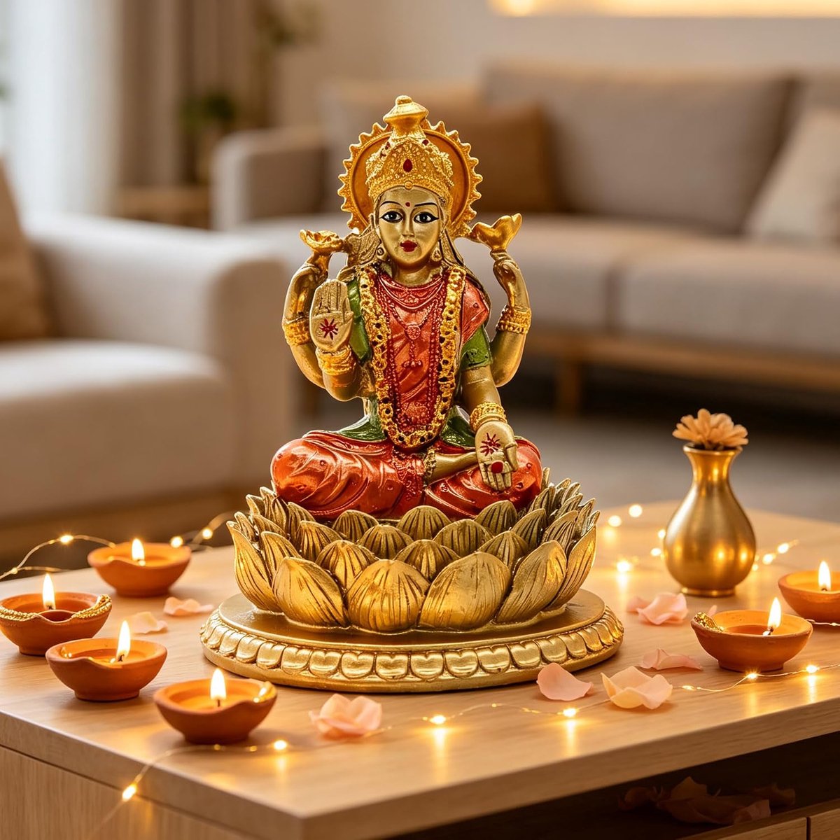 SnelShoppen - Lakshmi Beeld Hindu Godin - Decoratieve Standbeeld voor Thuis, Kantoor, Tempel en Pooja - Polyresin, 16 cm Hoog, Antieke Kleuren, Diwali