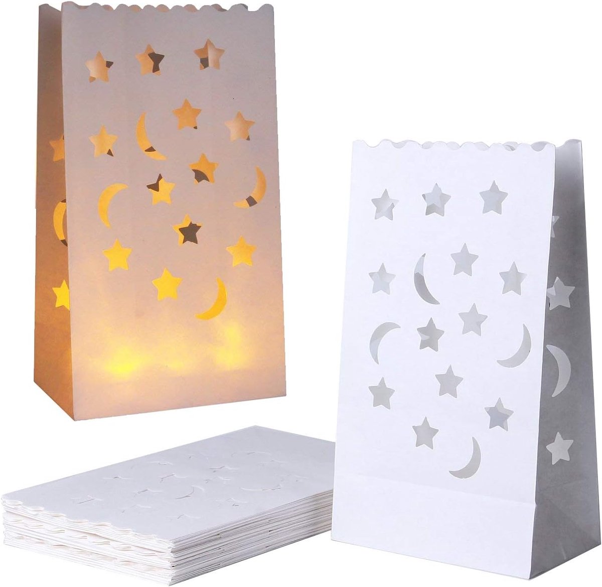 SnelShoppen - 20 Stuks Witte Kaarsen Tassen met Maan en Sterren Design voor Feesten, Bruiloften, Verjaardagen en Kerstdecoraties, Vuurvast Papier, Her