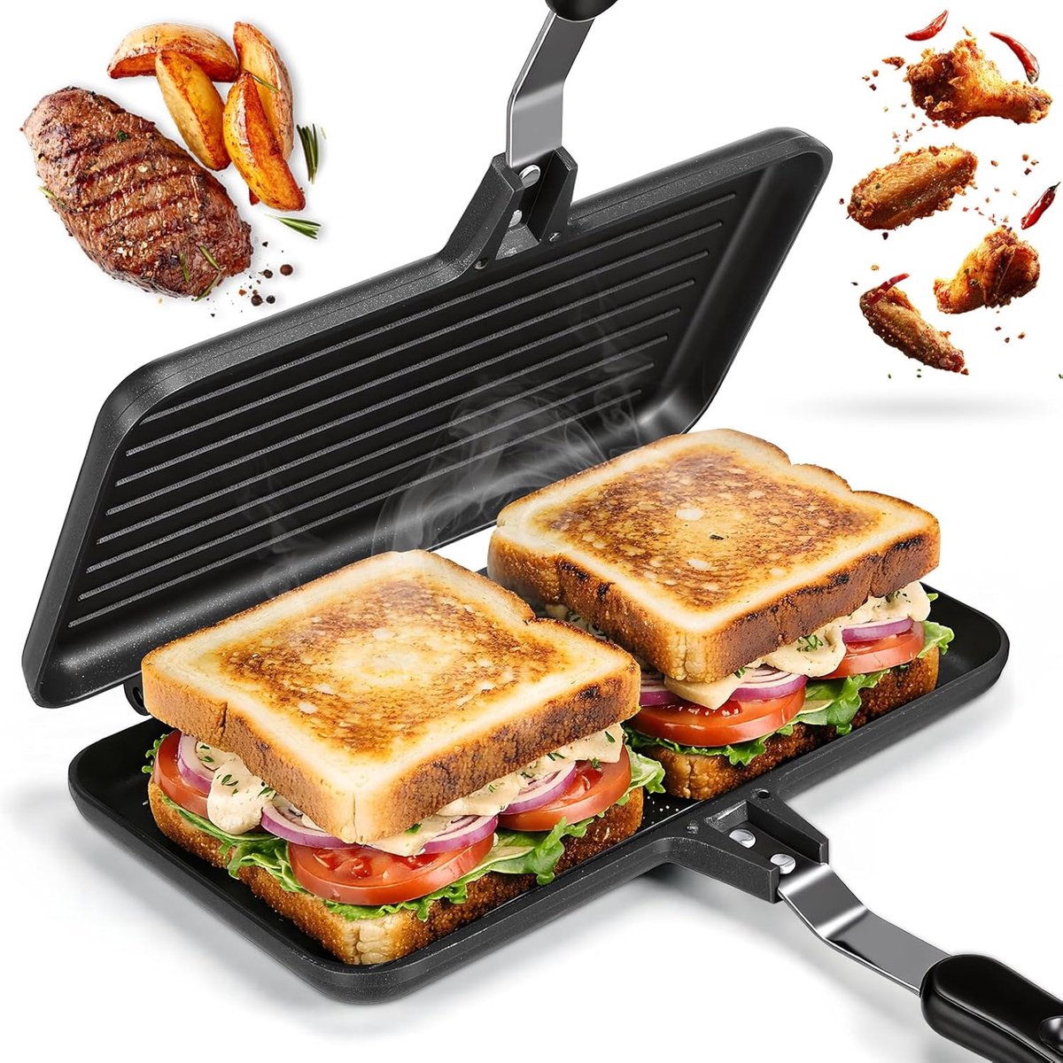 SnelShoppen XL Toaster Sandwich Maker Dubbelzijdige Casserole Aluminium Omeletpannen Antikleef Kookgerei voor Thuis Sandwiches Zwart