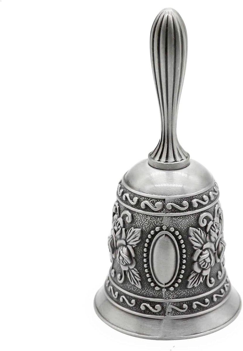 SnelShoppen - 11.2cm Handbel Classic Metaal Luide Bel Traditionele Alarm Bel voor Ontvangst, Thuisdecoratie - Antiek Zilver, Duurzaam, Stijlvol, Gemak