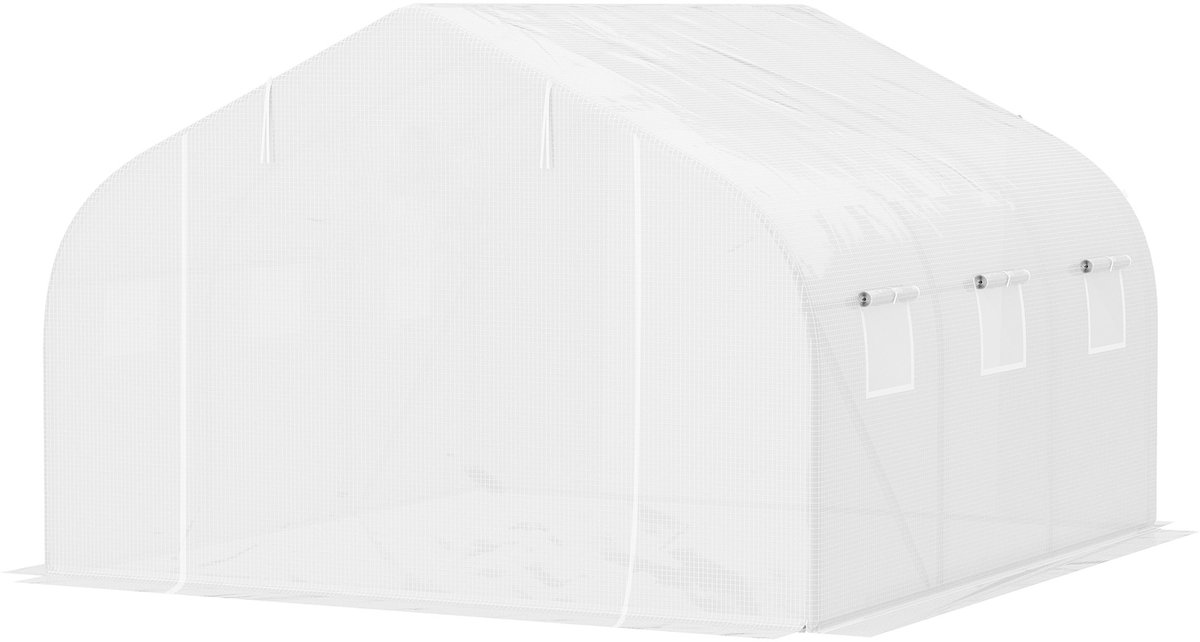 Tuinhuisje, tunnelkas met roldeuren en grote gaasramen, kas van gegalvaniseerd staal en UV-bestendig, wit