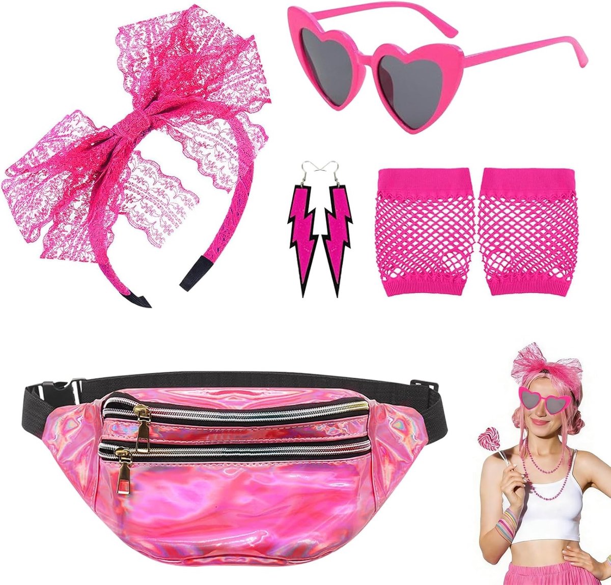 Vijfdelige 80s Kostuumaccessoires voor Vrouwen - Retro Disco Themaparty, Neon Tas, Zonnebril en Handschoenen in Neonroze