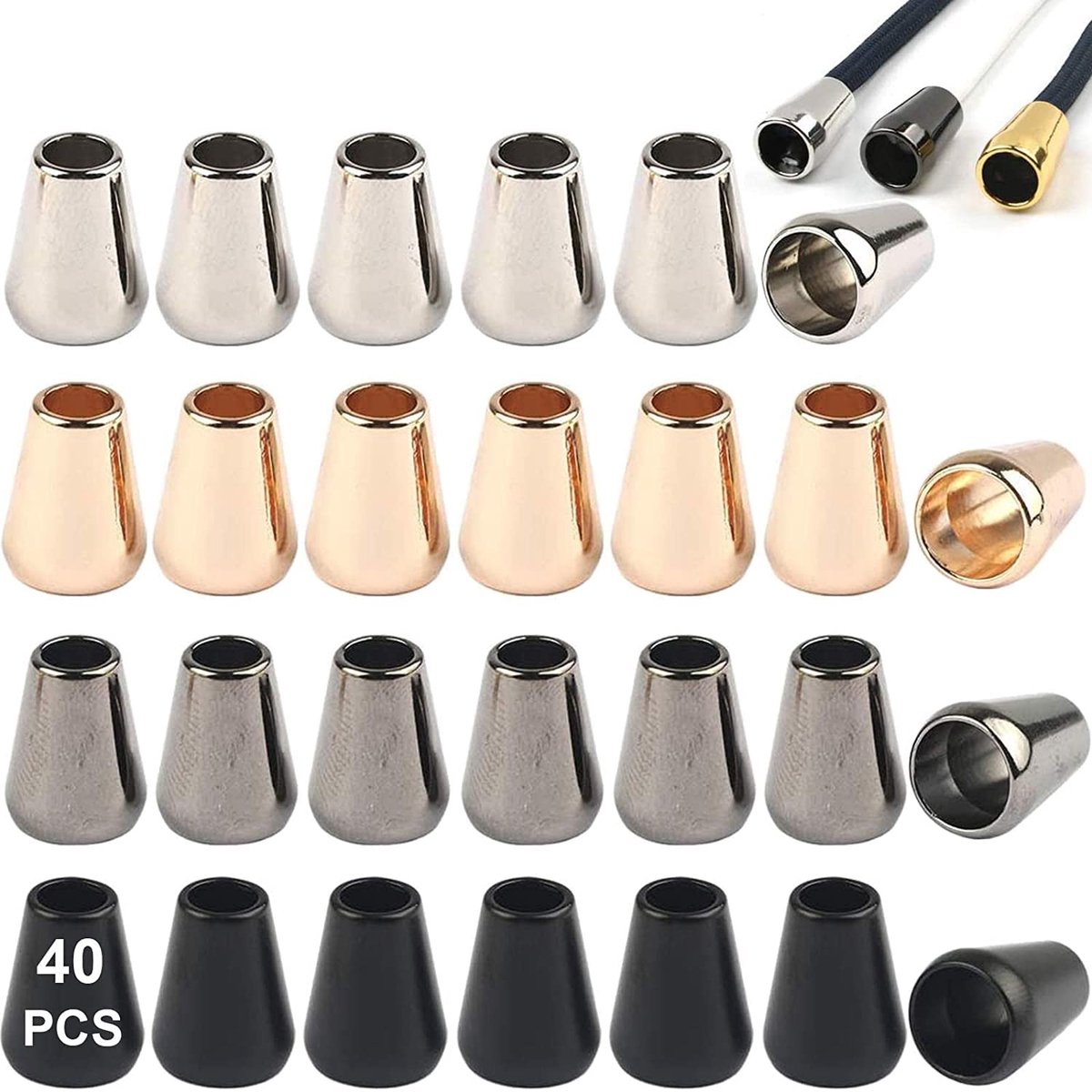 SnelShoppen - LATRAT Koordstopper Set, Enkele Gat, Metaal, Koord Eindkappen, 40 Stuks, Goud/Zilver/Zwart, 13 mm x 8 mm, Perfect voor Touw en Koorden