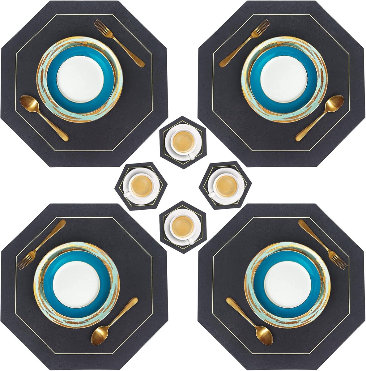 SnelShoppen - PU Leren Tafelmatten en Coaster Set van 4, Waterdicht, Hittebestendig, Afwasbare Eettafelmatten voor Thuis, Keuken, Restaurant (Zwart)