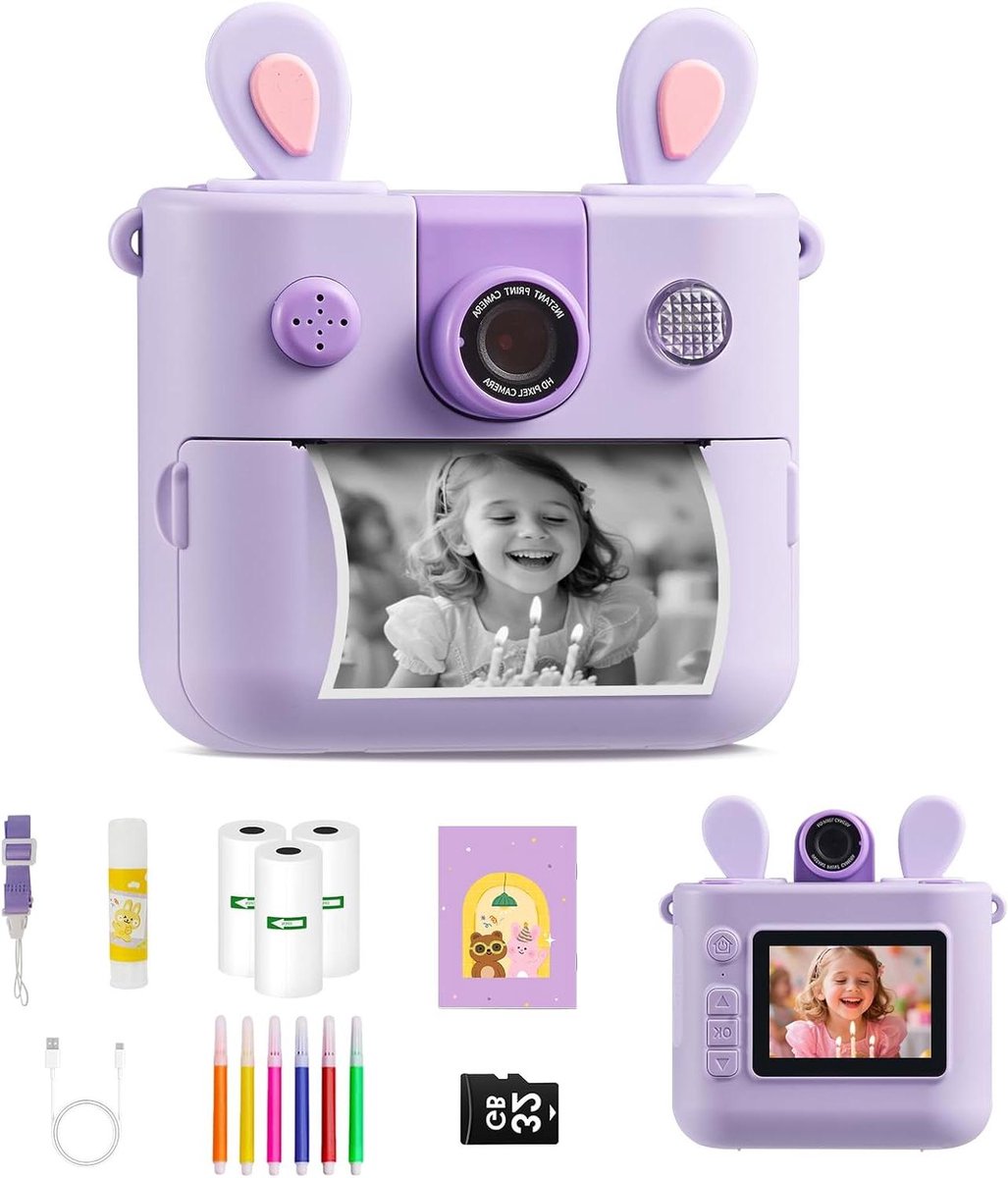 Kinder Camera - Direct Print Camera - Creatief Spelen - Dubbele Selfie Functie - 1080P Video - Paars