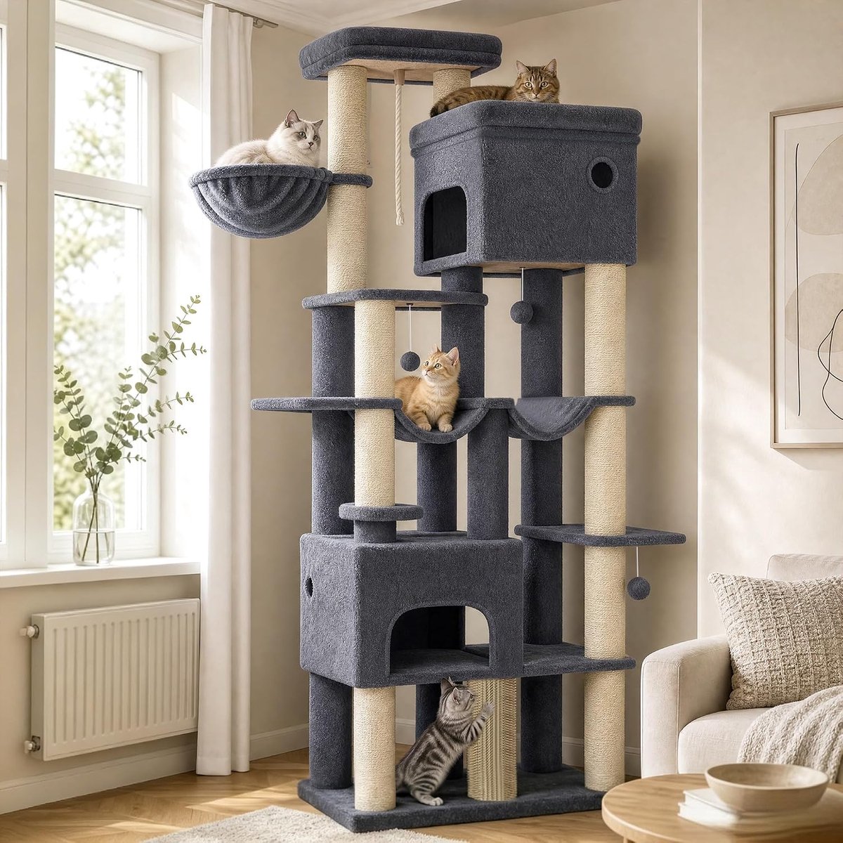 Hzuaneri krabpaal, 185 cm XL krabpaal met 10 krabpalen, 2 manden, 2 hangmatten, groot platform, kattenborstels, mand, robuuste krabpaal voor Maine Coons en grote katten, donkergrijs