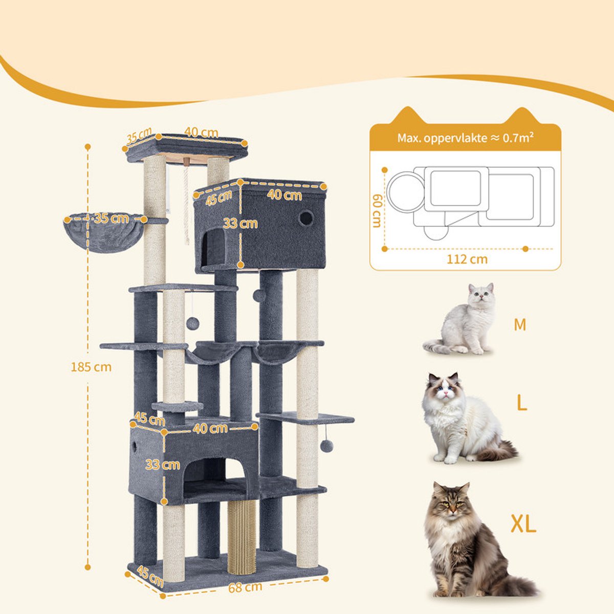 Hzuaneri krabpaal, 185 cm XL krabpaal met 10 krabpalen, 2 manden, 2 hangmatten, groot platform, kattenborstels, mand, robuuste krabpaal voor Maine Coons en grote katten, donkergrijs thumbnail 4