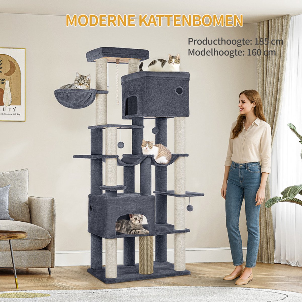 Hzuaneri krabpaal, 185 cm XL krabpaal met 10 krabpalen, 2 manden, 2 hangmatten, groot platform, kattenborstels, mand, robuuste krabpaal voor Maine Coons en grote katten, donkergrijs thumbnail 2