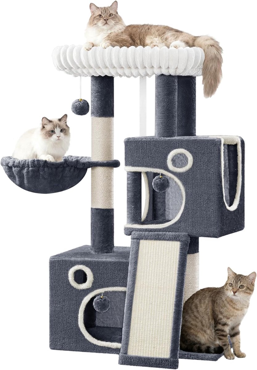 Hzuaneri Kattenboom, 98cm Kleine Kattenboom, Ruim en Stabiel, met Zacht Groot Platform, Pluchen Ballen, Grotten, Krabpalen, Katten Krabplank, Donkergrijs