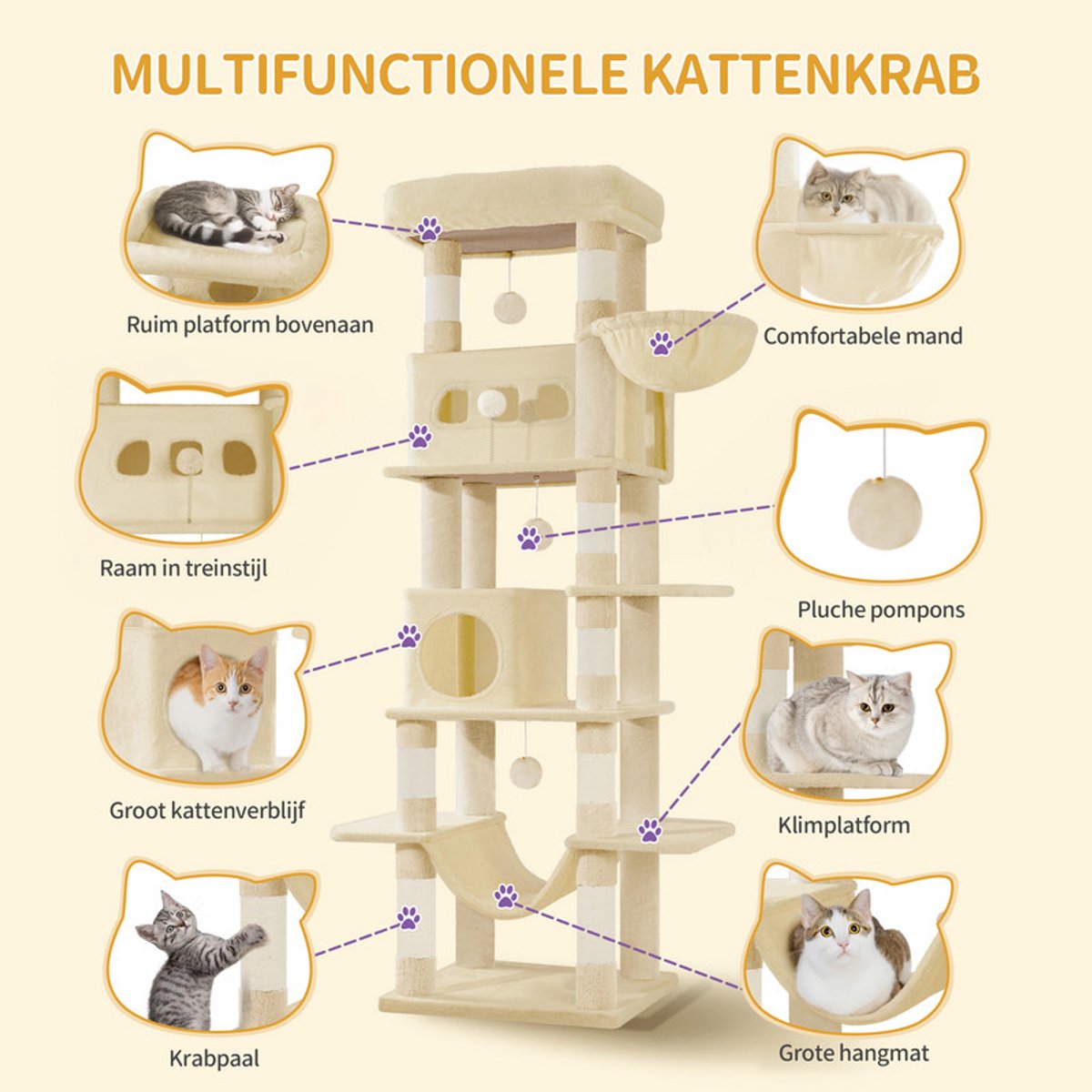 Hzuaneri Krabpaal groot, 170 cm, kattentoren voor maine-kat, grote kat, meerlaagse krabpaal met grote zitstang, wasbare mat, kattenhuismeubel met 2 holletjes, 8 krabbomen, Beige thumbnail 5