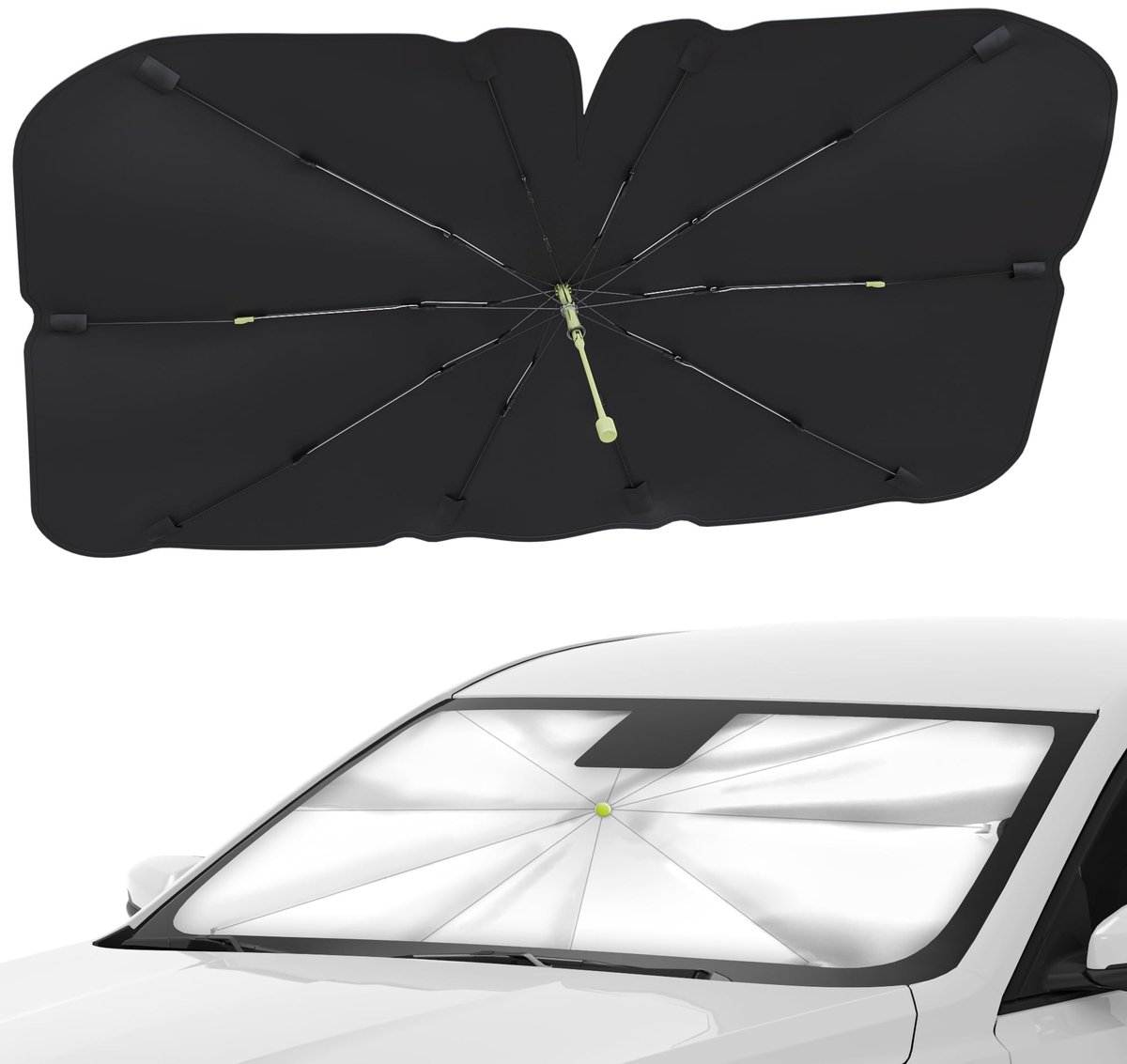 Ryoudavell - Zonnescherm Auto voor Voorruit 140x75cm - Opvouwbare Paraplu Zonnescherm met 180° Buigbare Steel - UV-Protectie Warmte-Isolatie - Auto Parasol Geschikt voor Meeste Personenauto's en SUV's - Zilver Zwart