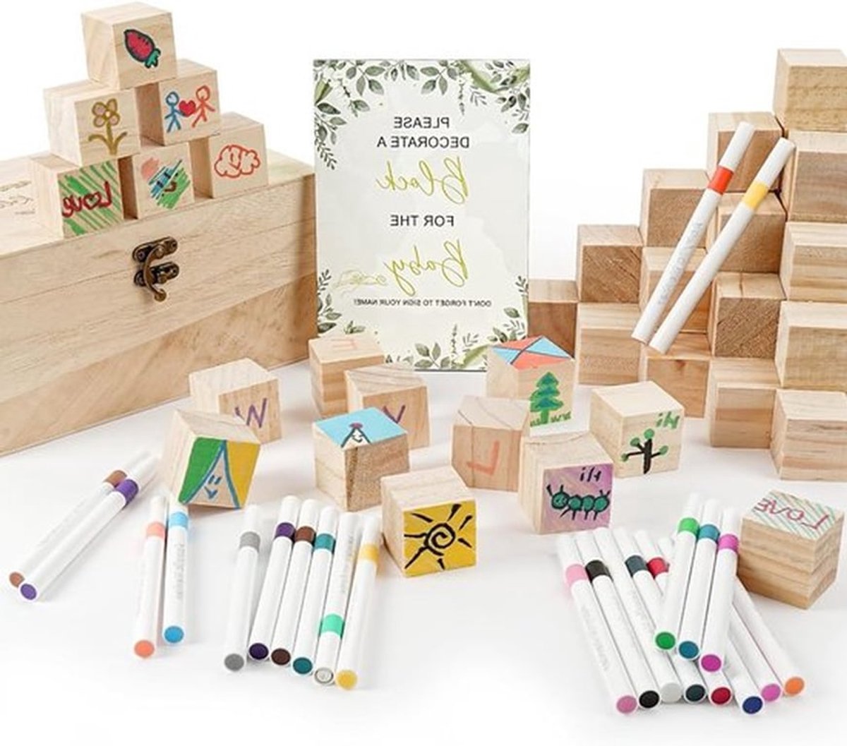 Creatieve Babyshower Spellen Set met 75 Stukken, DIY Decoratie, Houten Blokken en Markers voor een Onvergetelijke Babyshower