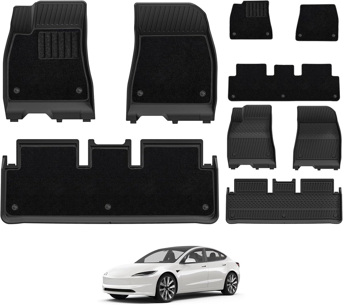 Autovloermatten voor Tesla Model 3 Highland 2024-2025 - Volledige set - Thorex en moquette overlay - ShopVlot