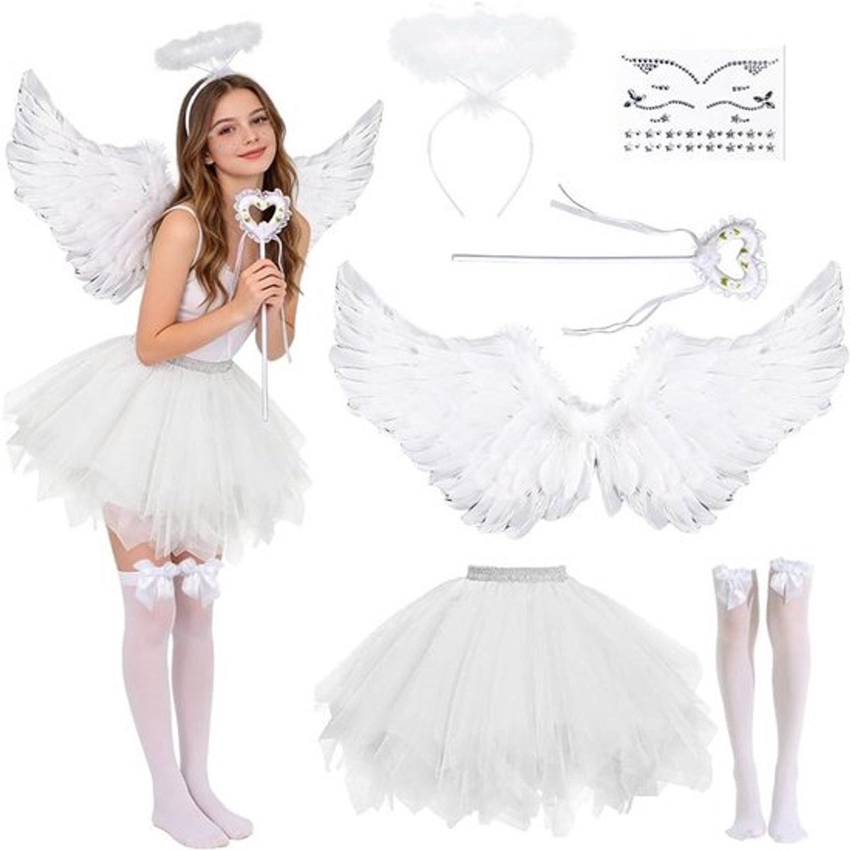Vrouwelijk Engel Kostuum met 80 cm Witte Vleugels, Tutu Rok, Halo en Stokken voor Carnaval en Halloween Cosplay