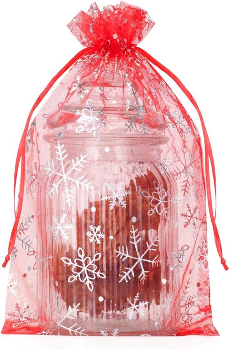 Grote organza geschenktassen met sneeuwvlokken in rood, 20x30cm voor kerstcadeaus en feestdecoraties