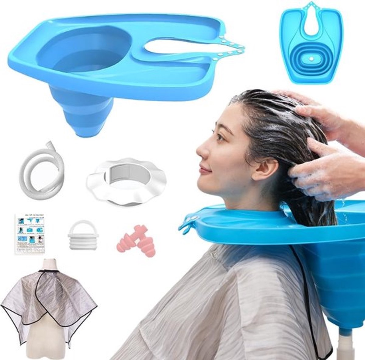 Draagbare wasbak set met 7 stuks, opblaasbare kapperstoelen en hoofdkussens voor ouderen en zwangere vrouwen