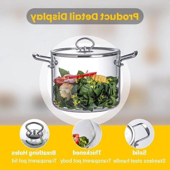Hittebestendige glazen stoofpot met deksel - Perfect voor soep, pasta en salades met roestvrijstalen handgrepen — afbeelding 3