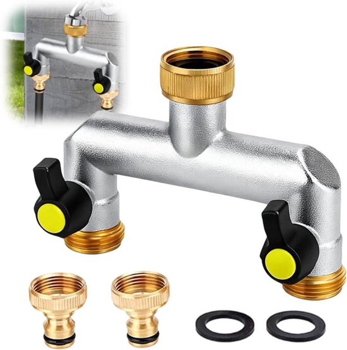 3/4 Inch Messing Waterverbinder, 2-Weg Waterdistributeur met Verlengde Handgreep voor Aansluiting van 2 Apparaten, Ideaal voor Tuin, Wasmachine en Vaatwasser