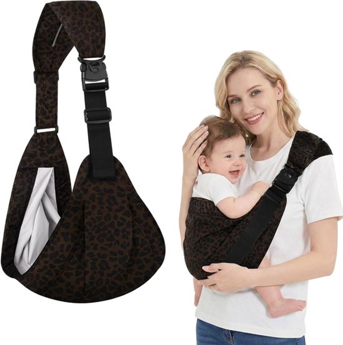 Ergonomische draagzak voor baby's, comfortabel en lichtgewicht, geschikt voor pasgeborenen tot 20 kg, met een trendy luipaardprint