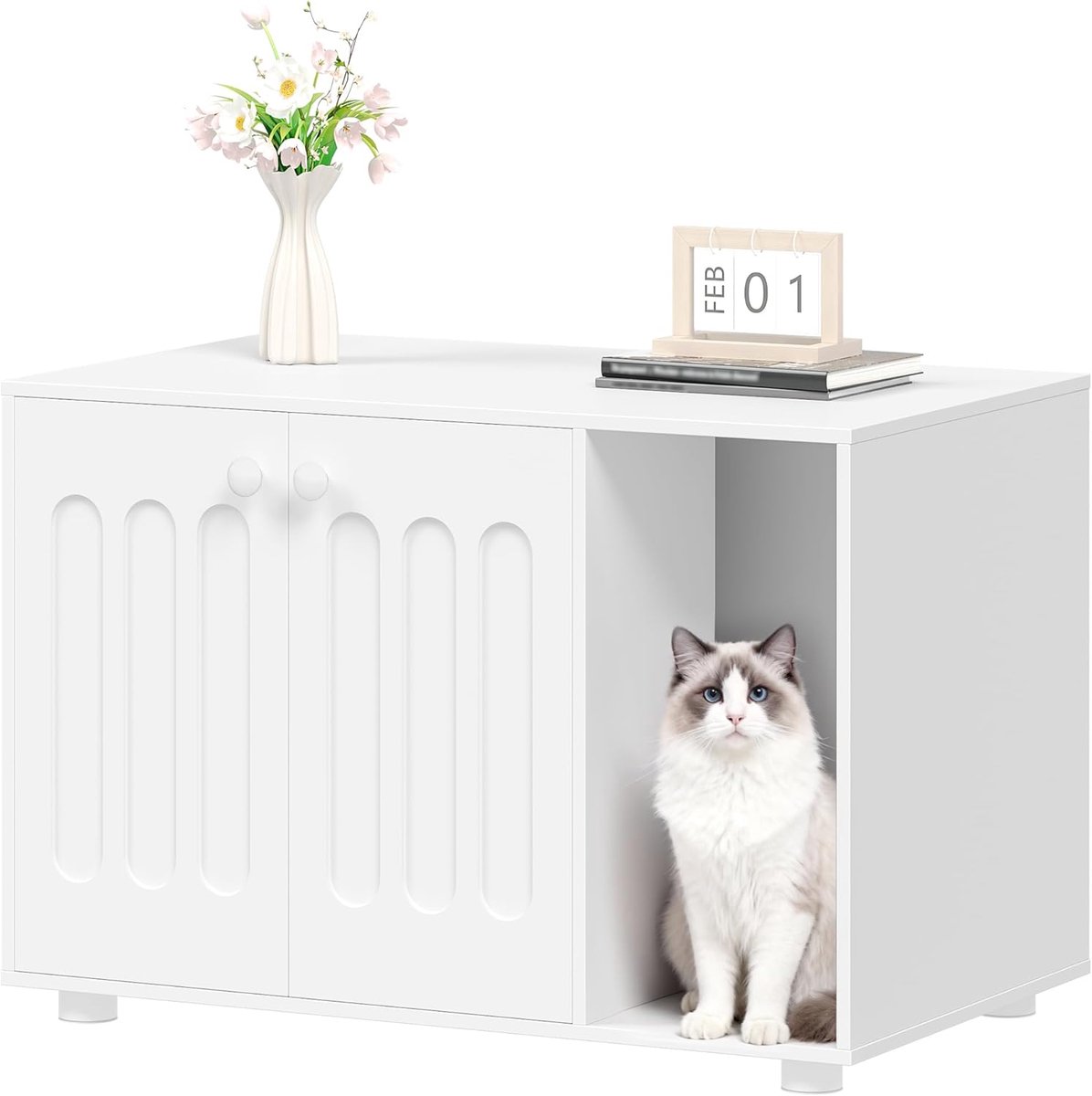 Hzuaneri Kattenkast, 80 cm Kattenbakkast met pootjes, Wit, Kattenhuis met deur en aparte scheidingswand, Modern design, Stevige kattenkast, 80 x 48 x 51 cm