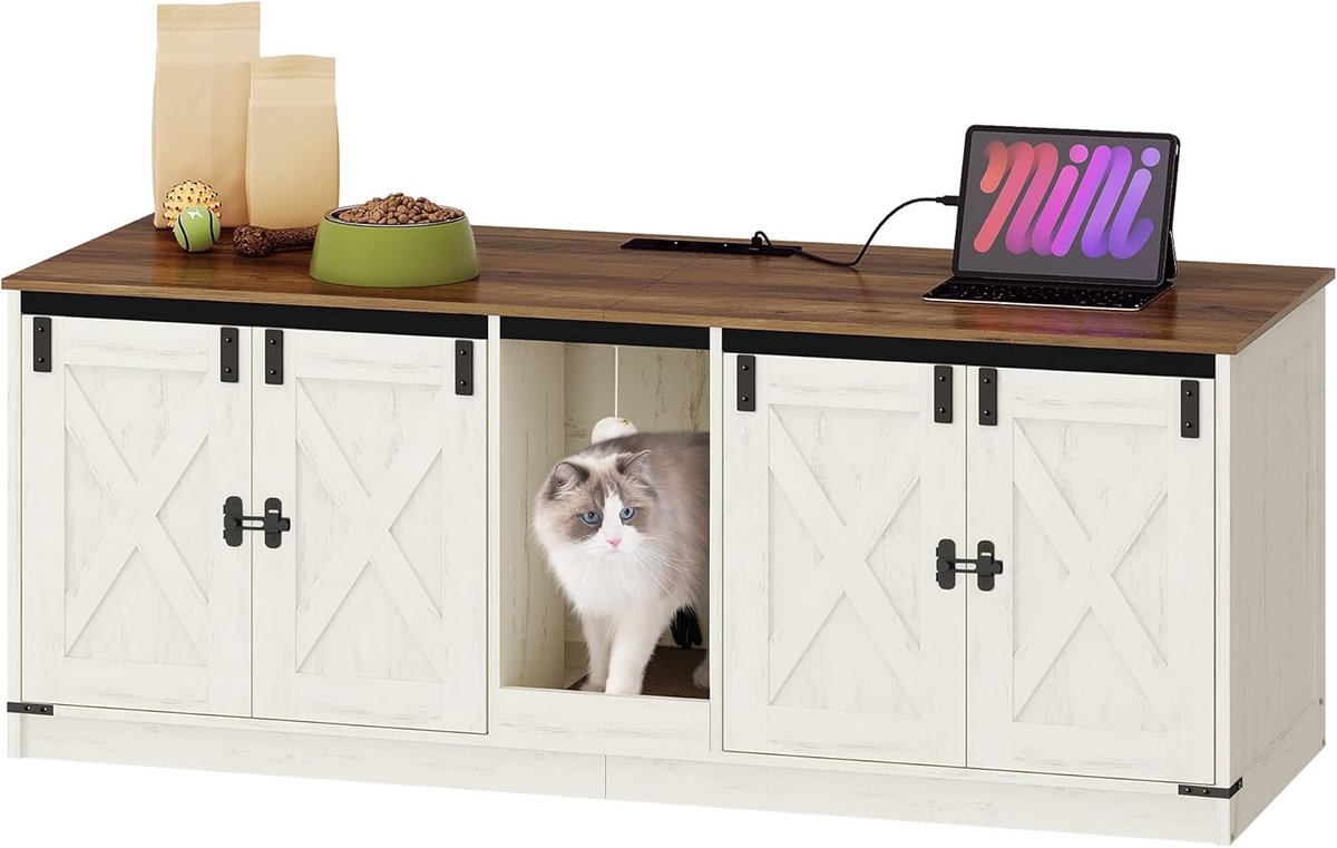 Hzuaneri Kattenkast met Stopcontacten,140 cm voor 2 Katten,Bruin en Wit
