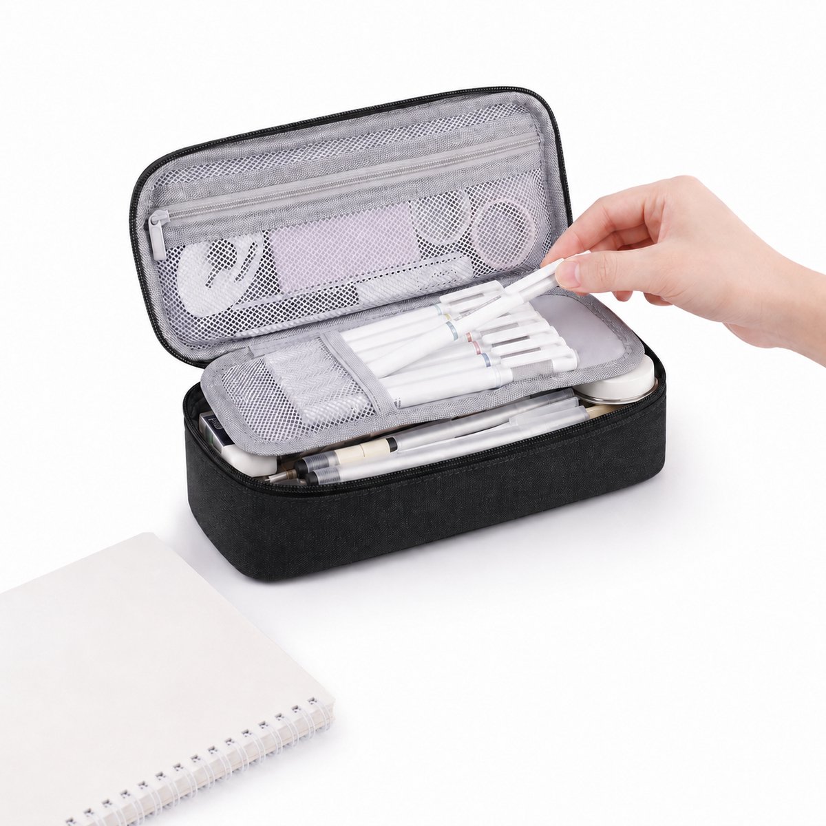 Large Pennenzak met 5 Vakken - Waterafstotend Canvas Etui voor Meisjes en Jongens - Luxe Pencil Case voor School, College en Kantoor - Zwart