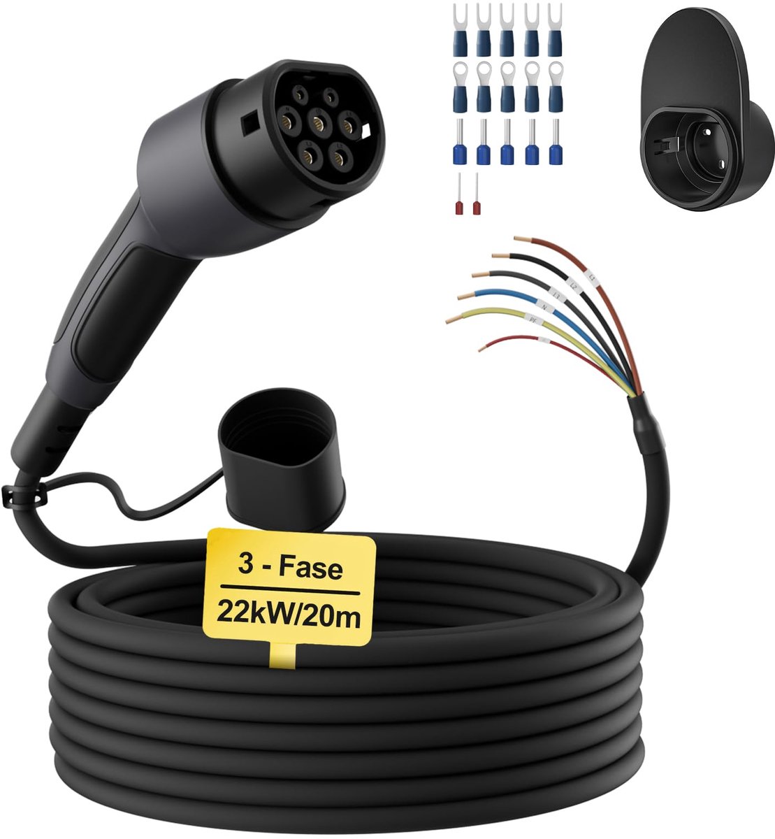 SnelShoppen - Type 2 Oplaadkabel Open Einde 22kW [3-fase|20m|32A] Vervangingskabel voor Wallbox/Laadstation - Ideaal voor Thuis en Onderweg