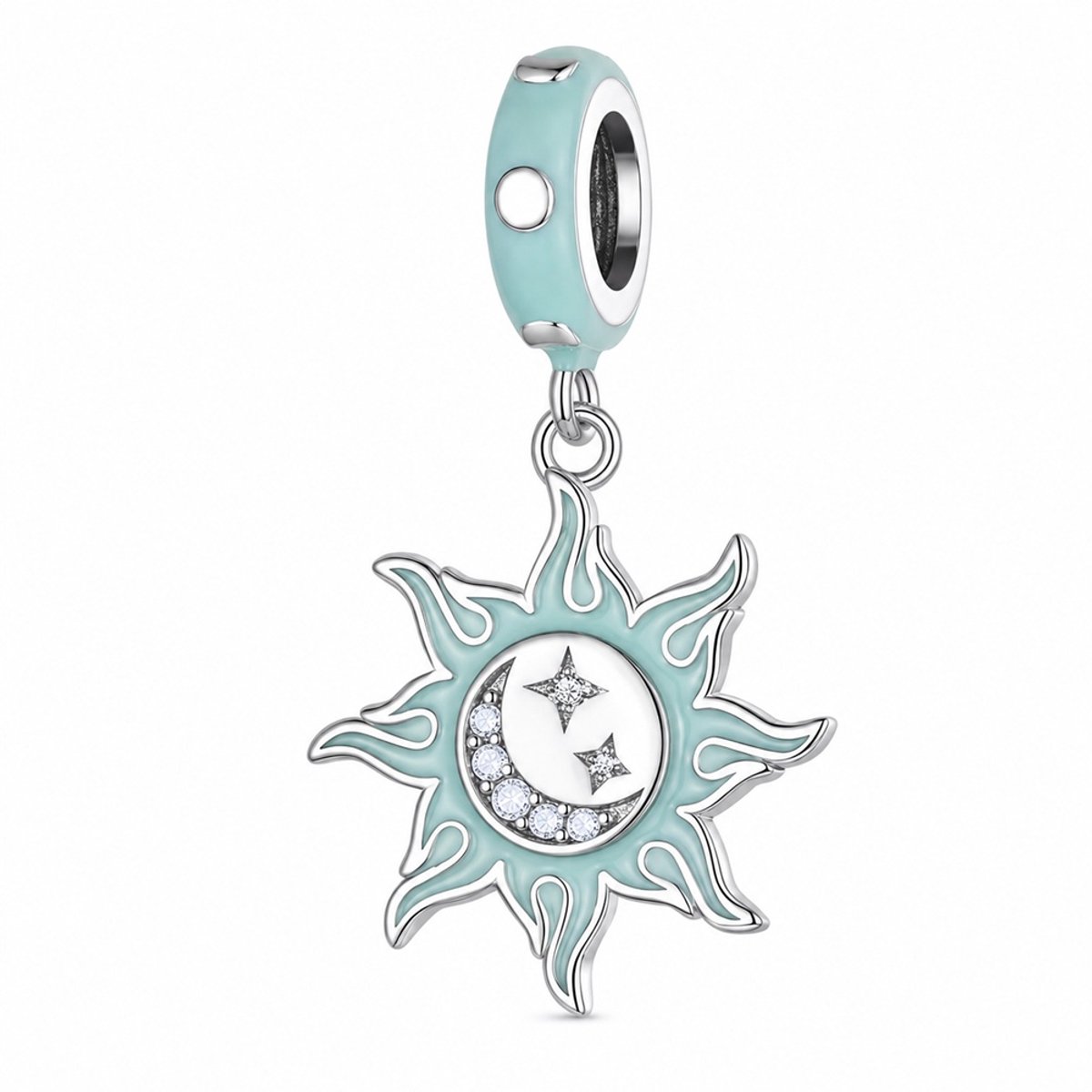 RomyStones Zon Maan Ster Bedel – 925 Sterling Zilver met Zirkonia – Mint – Voor Bedelarmband 3 mm