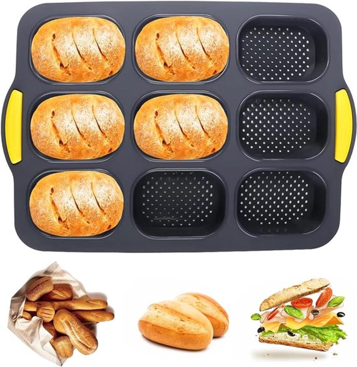 Anti-aanbak baguettevorm met 9 holtes om brood en stokjes te bakken, siliconen bakvorm voor perfecte resultaten, zwart