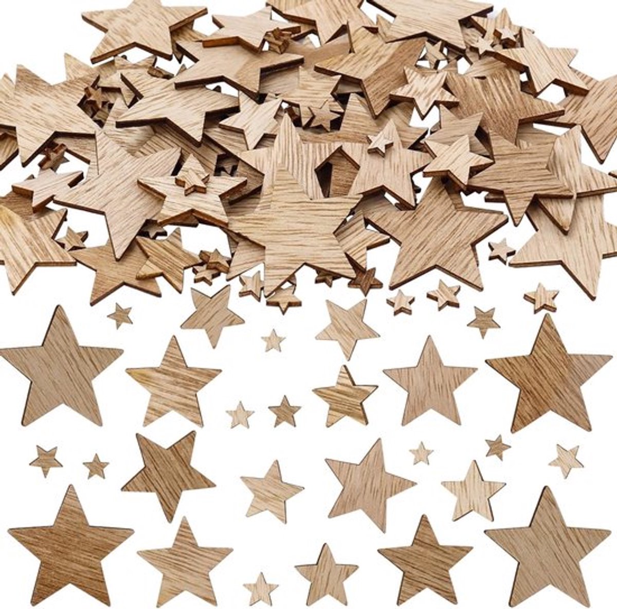 Set van 100 Houten Sterren Versieringen in Diverse Maten (8 mm, 10 mm, 20 mm, 30 mm, 40 mm) voor Creatieve Decoratie en Ambachten