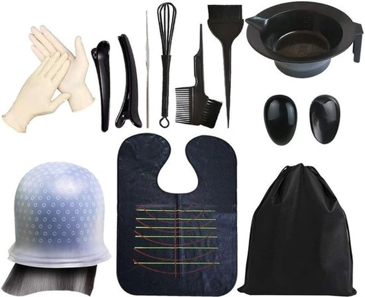 14-delige Haarverf Set met Verfkom, Borstel, Oorkappen, Cape, Handschoenen en Opbergtas voor Thuisgebruik