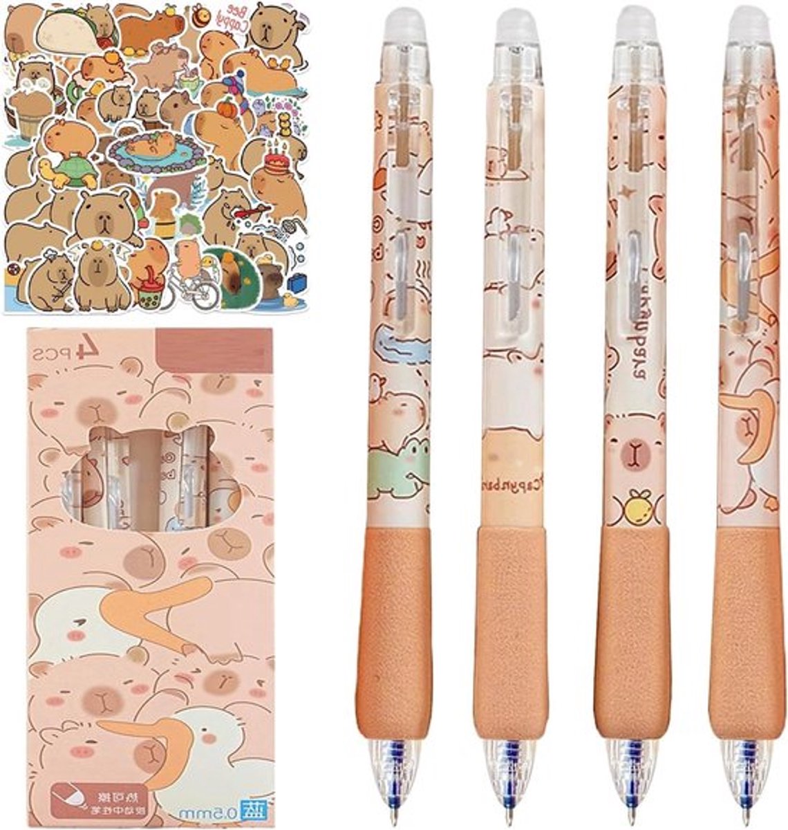 Capybara Pennenset met 4 uitwisbare pennen en 50 stickers, 0,5 mm blauwe inkt, perfect voor school en kantoor, leuke cadeau-ideeën voor Capybara-fans