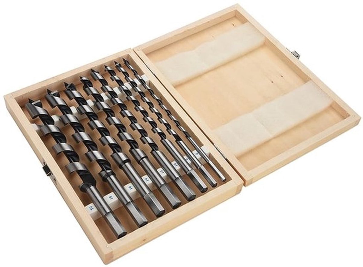 Set van 8 Carbon Stalen Boorbits in Houten Doos, Hex Shank Boorbits voor Boormachines en Houtbewerking