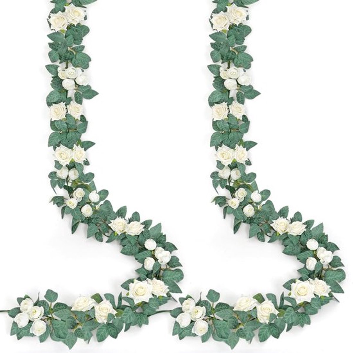 2 Stuks 15cm Kunstbloemen Guirlande Nep Rozenbloem Klimop Hangende Zijde Bloemen Faux Bloemenguirlandes voor Thuis Bruiloft Muur Feest Tuin Tafel Centerpiece Decoratie (Wit)