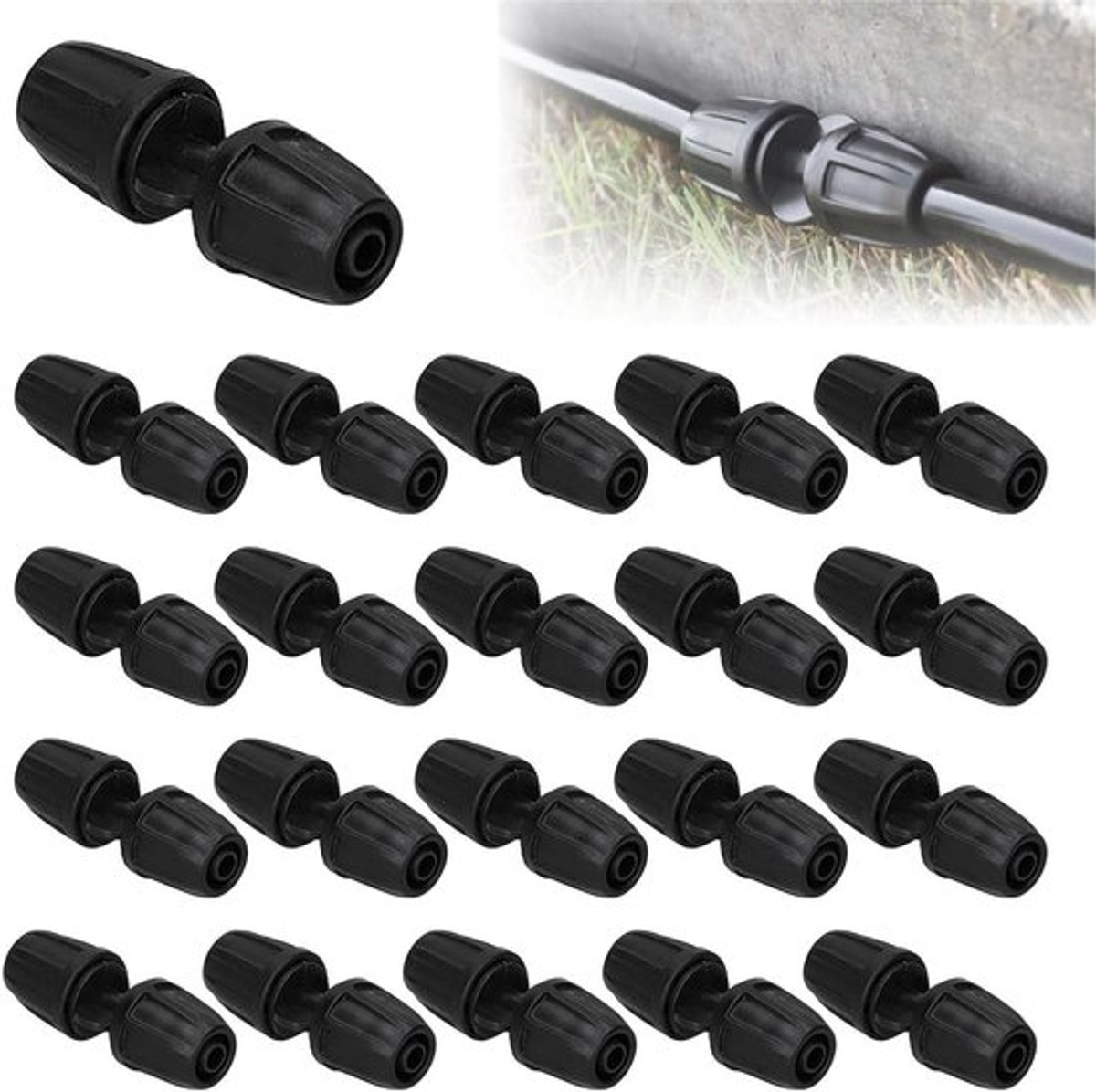 20 Stuks Zwarte ABS 8/11 Rechthoekige Slangverbinder met Vergrendeling voor Tuinirrigatie en Drip Systemen