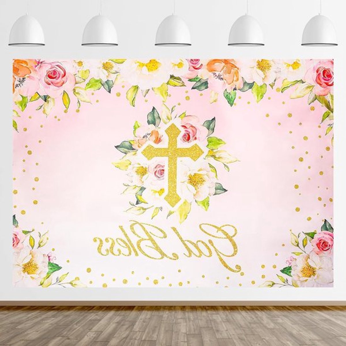 Communie Achtergrond voor Meisjes met Roze Bloemen, Eerste Heilige Communie en Doop Fotografie Achtergrond voor Baby Shower