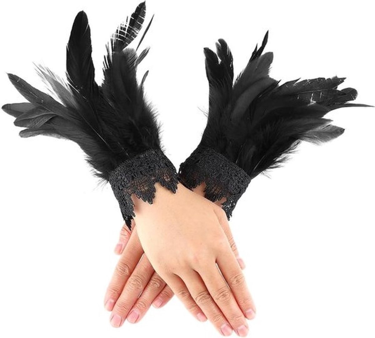 Vrouwelijke Zwarte Vintage Veer Polsbanden met Kant en Mesh voor Halloween, Carnaval en Feestjes