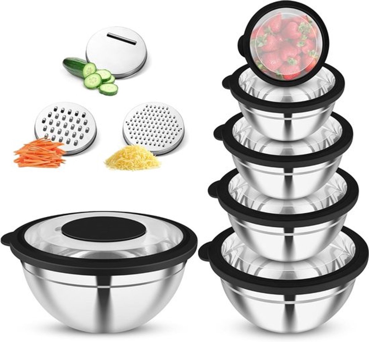 Mengkommen-set van 6 roestvrijstalen kommen met deksel en 3 raspaccessoires, ideaal voor koken en bakken, stapelbaar en vaatwasmachinebestendig