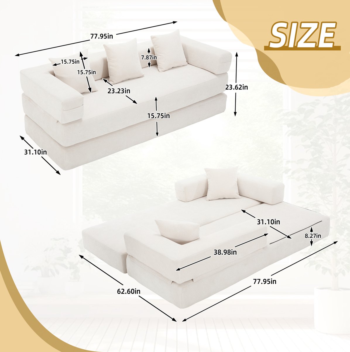MIVRAY Slaapbank 198 x 79 x 60 cm - Modulaire Chenille Bank Met Zijvakken En Antislip Onderzijde - Voor Woonkamer En Speelhoek - Beige