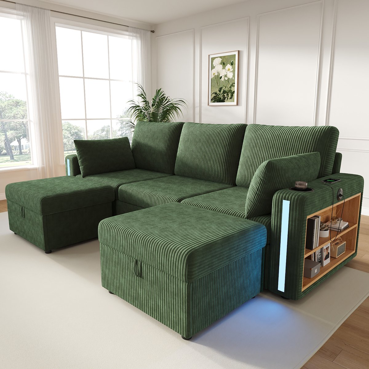 Sofa - Modulair U-/L-vormig 5-zits met 2 opbergpoefs, LED-sfeerverlichting, USB/Type-C, drinkhouder & lades - 190x130x85 cm - Groen