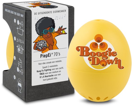 Gele eierwekker met "Boogie Down" logo. Verpakking met illustratie van vrouw in 70s stijl.